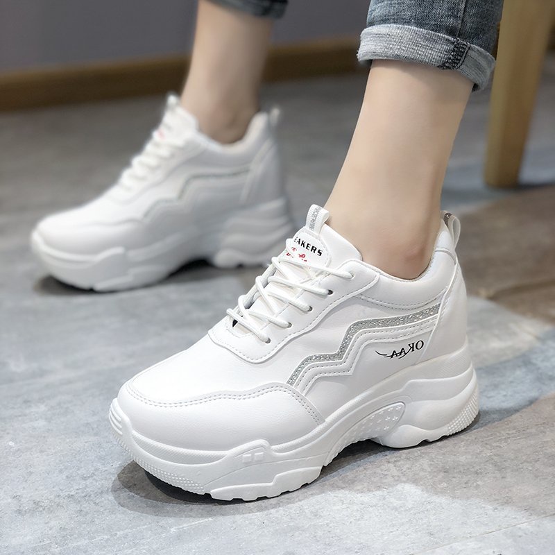 Giày Da Nữ, Giày Sneaker Da Nữ G63 Màu Trắng Đẹp Độn Đế 7 Phân Tăng Chiều Cao Cho Học Sinh Sinh Viên