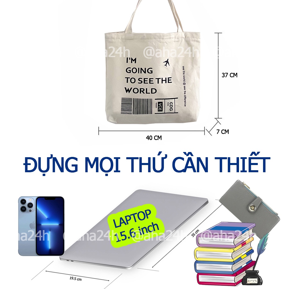 Túi tote vải canvas đi học đi chơi có khóa kéo hàn quốc đeo vai in IM GOING TO SEE THE WORLD AH1649