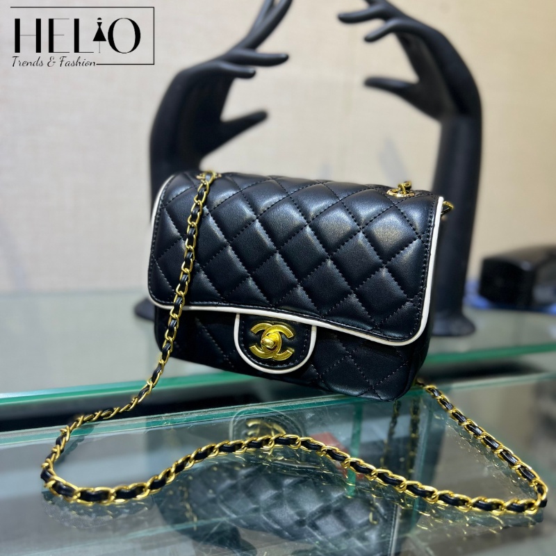 Túi đeo chéo Cha.nel viền trắng dáng mới _ Đen _ HE384