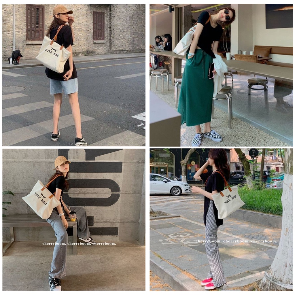 Túi xách vải canvas sức chứa lớn có khóa kéo thời trang phong cách Hàn Quốc dành cho nữ