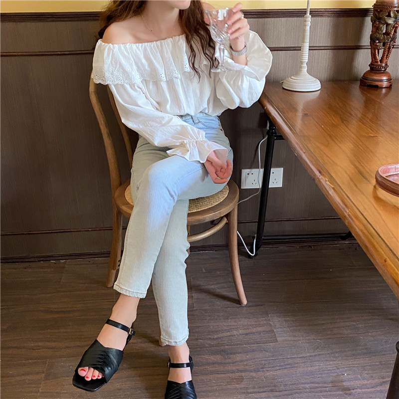 Áo kiểu tay dài trễ vai màu trắng thời trang 36820