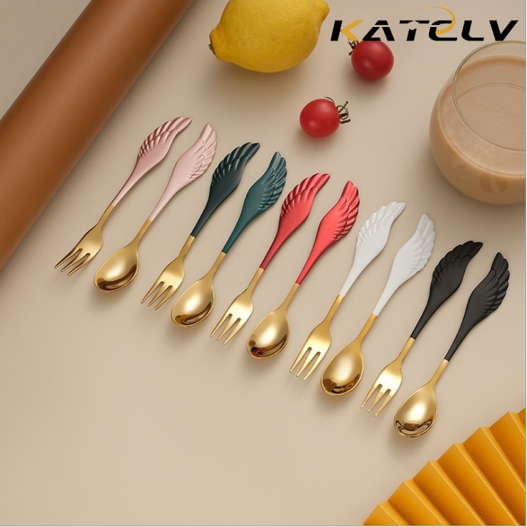 Bộ muỗng nĩa ăn tráng miệng KATELV hình đôi cánh dễ thương bằng thép không gỉ cao cấp