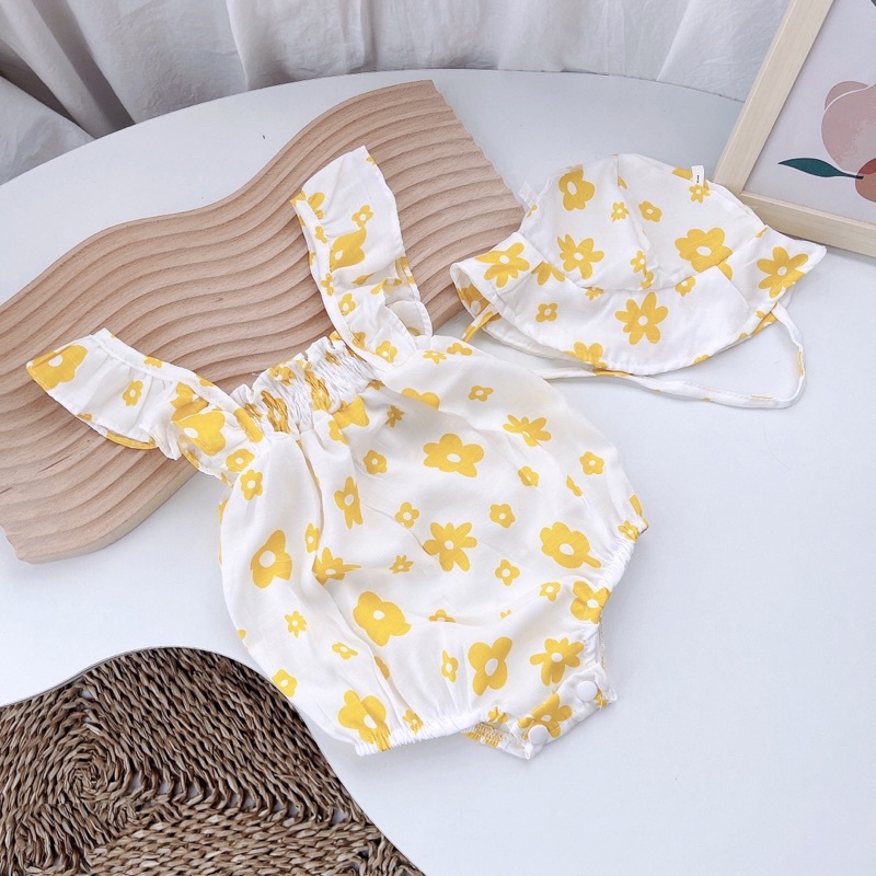 Bodysuit Bé Gái Cánh Tiên Chun Ngực Kèm Mũ, Bodysuit Sơ Sinh, Đầm Đầy Tháng, Body Liền Thân, Set Đồ Cho Bé Gái