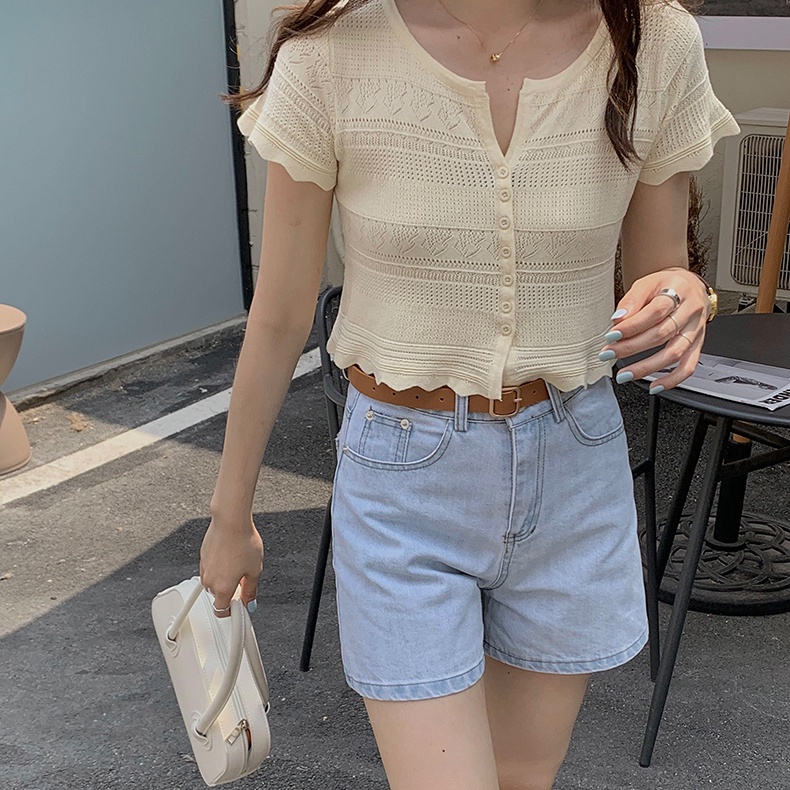 SUXI Áo dệt kim ngắn tay cổ chữ v thiết kế mới thời trang mùa hè dành cho nữ