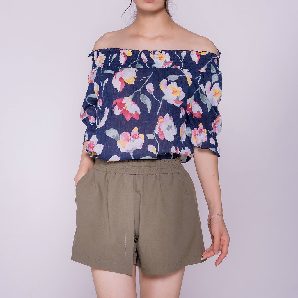 Áo kiểu sơ mi nữ họa tiết chun vai TKFASHION SMKA57
