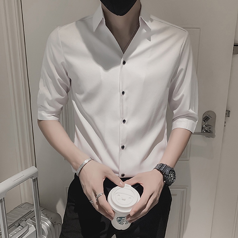 Áo sơ mi nam trơn tay lỡ lụa ngọc trai KingMan kiểu công sở Hàn Quốc
