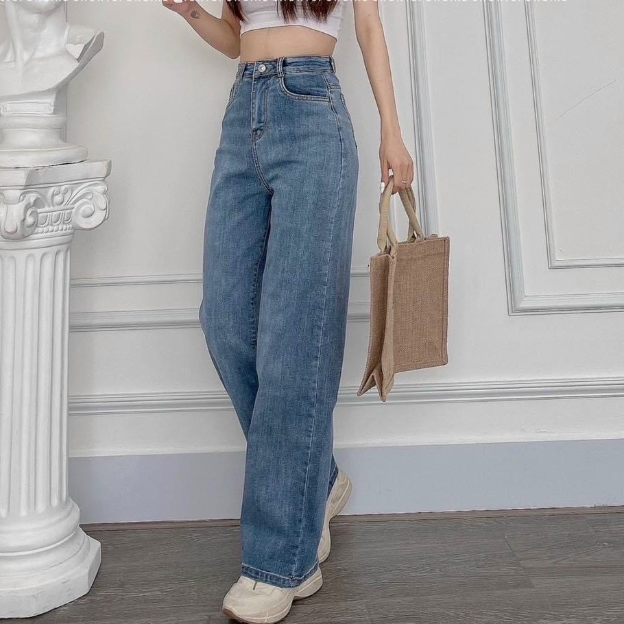 Quần jeans ống suông rộng lưng cao co giãn OR148