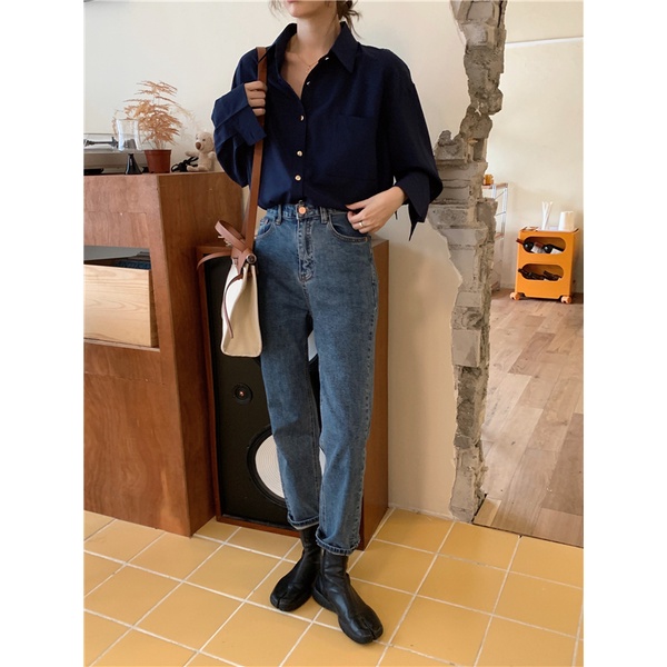 Áo Sơ Mi Dài Tay Phối Nút Kim Loại Phong Cách Retro 48870