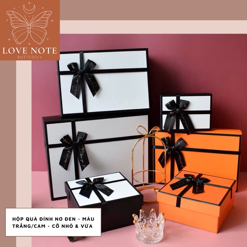 Hộp quà màu trắng/cam đính nơ đen cỡ VỬA và NHỎ - tặng sinh nhật, valentine 14/2, 8/3 20/10, giáng sinh, noel | BigBuy360 - bigbuy360.vn