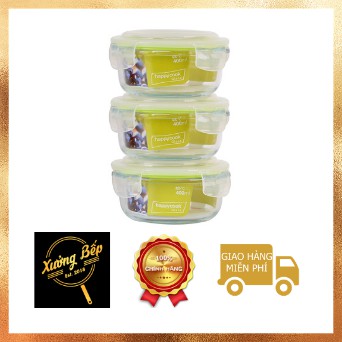 Bộ 3 Hộp Thủy Tinh Tròn Kèm Túi Giữ Nhiệt Happy Cook HCG-03CE (400ml) ăn trưa văn phòng, giữ nhiệt.