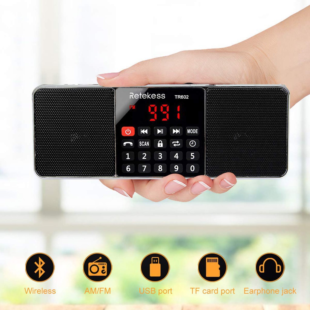 Radio AM FM Không Dây Retekess TR602 Màu Đen Âm Thanh Nổi Hỗ Trợ Thẻ TF/USB Có Cổng Vào Aux Màn Hình LED Hẹn Giờ Tắt