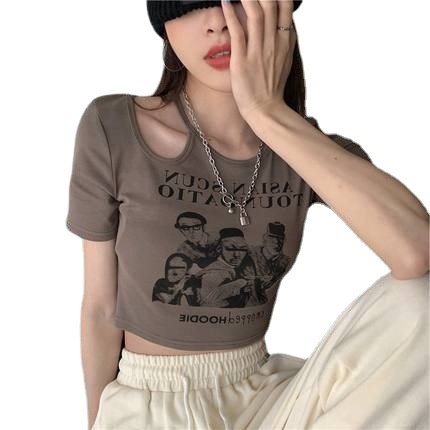 Áo Thun Croptop Ngắn Tay Form Ôm In Họa Tiết Phong Cách Vintage