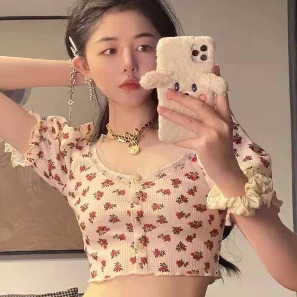 WANGJIAOZHAN Áo Croptop tay phồng cổ vuông họa tiết hoa thời trang