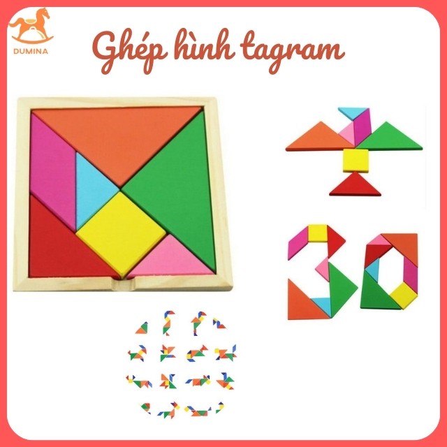 Đồ chơi xếp hình Tangram tranh ghép gỗ 7 miếng trong hộp vuông 11.7 x 11.7 x 1cm