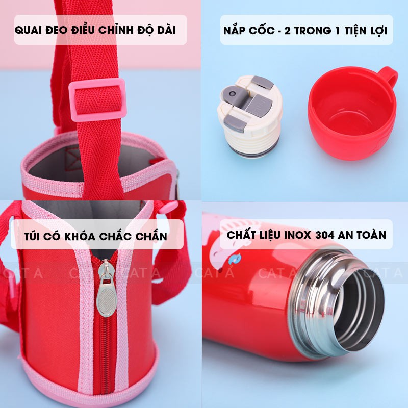 BÌNH NƯỚC GIỮ NHIỆT TRẺ EM LÕI INOX304 - Có túi vải, ống hút đi kèm - In hình thú ngộ nghĩnh, 3 nắp đa năng [ 550ML ]