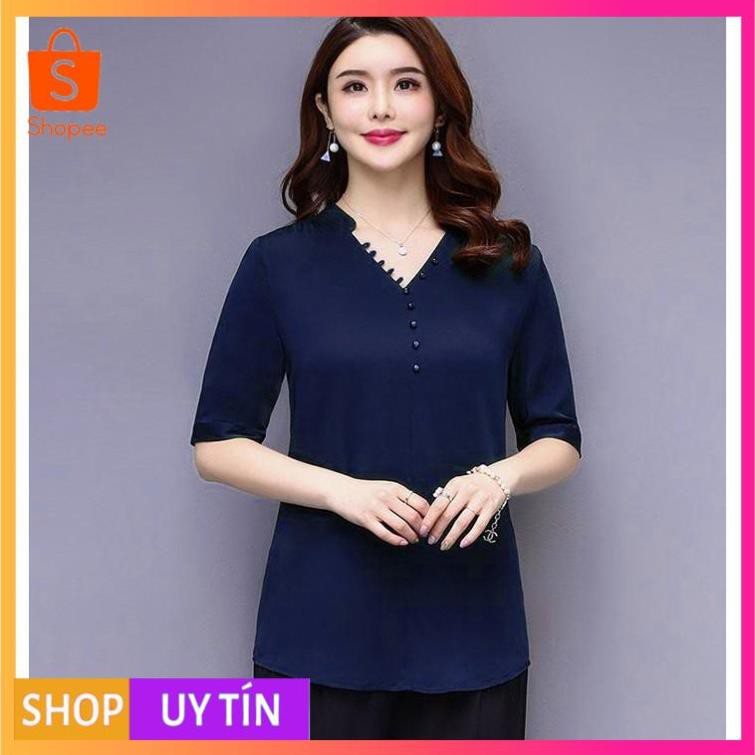 ÁO SƠ MI TRUNG NIÊN BIGSIZE KIỂU ÁO SƠ MI CỔ LÃNH TỤ ĐÍNH NÚT