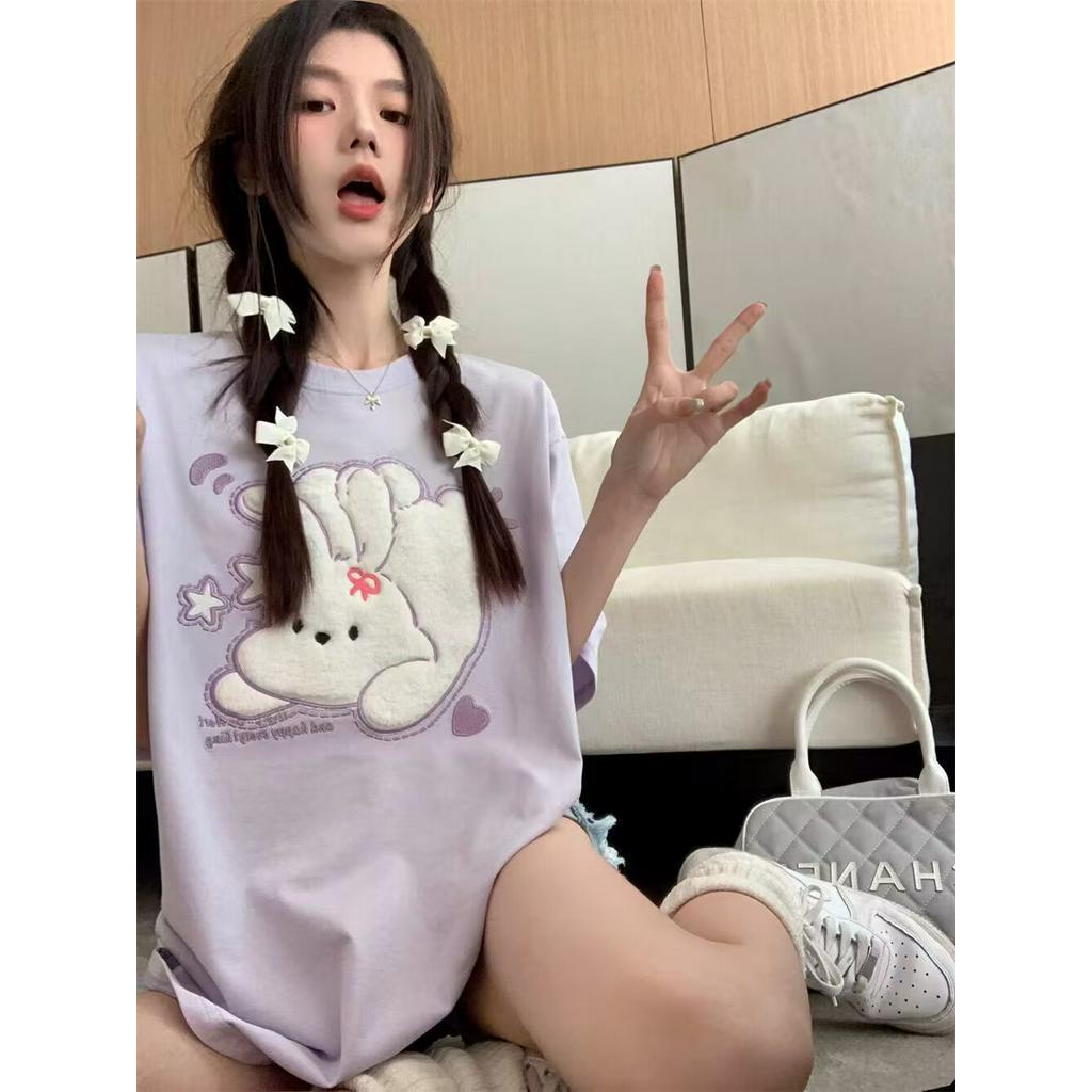 Áo Thun Tay Ngắn Rộng Thêu Hình Thỏ Dễ Thương 61850