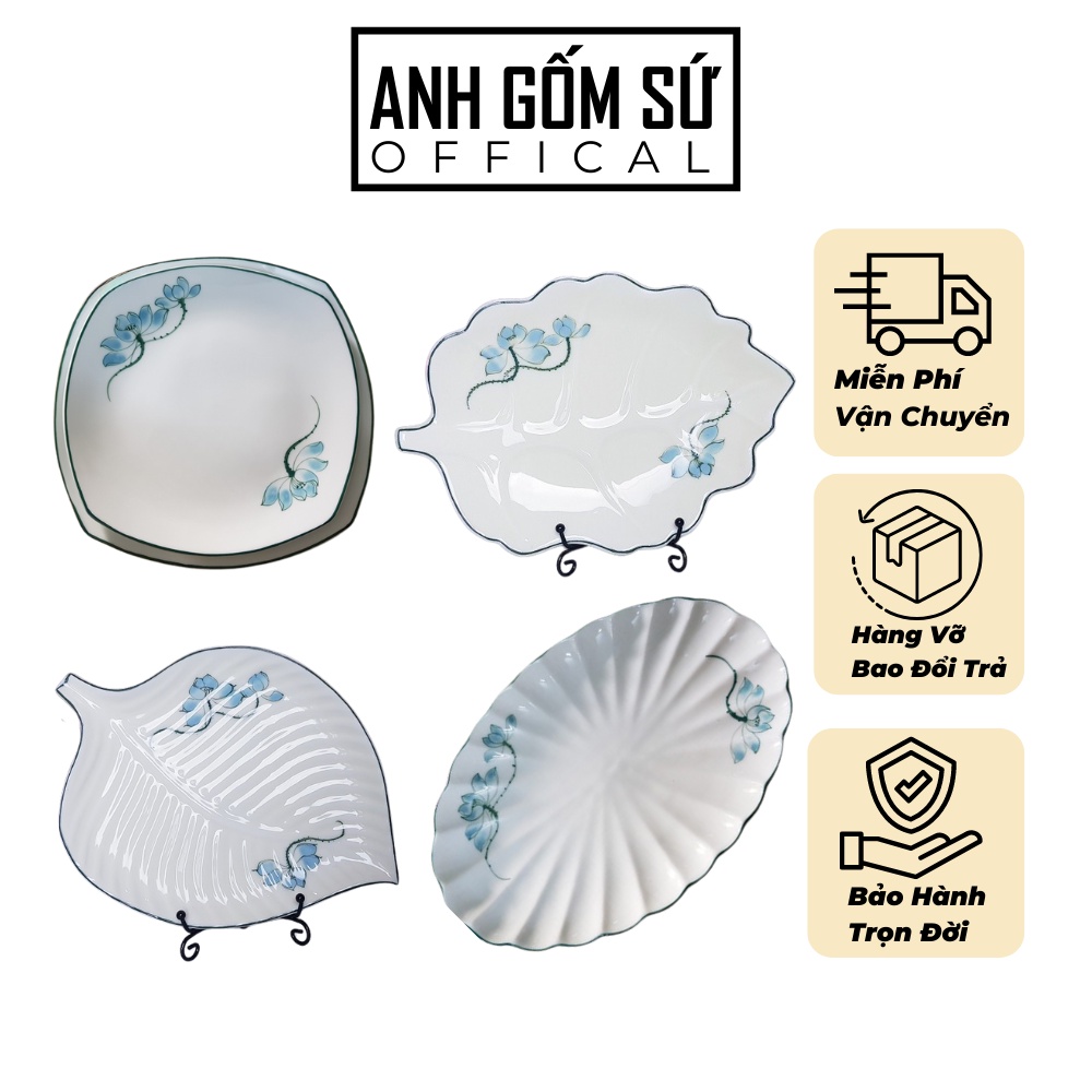 Đĩa sứ Bát Tràng họa tiết sen xanh, đĩa đựng đồ ăn men kem cao cấp nhiều mẫu