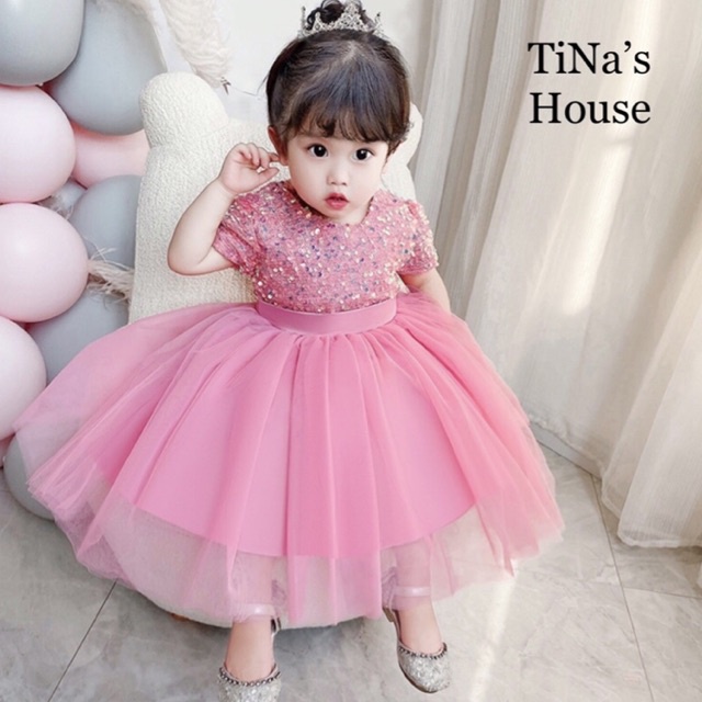 Đầm Công Chúa Cao Cấp Tay Ngắn TiNa’s House: Đính Sepuins vs Phối Nơ... Cho Bé Từ 02-08 Tuổi.