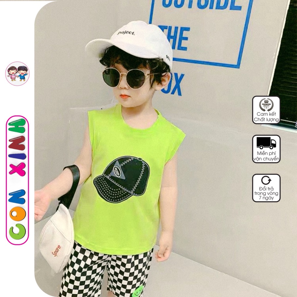 Bộ quần áo bé trai Con Xinh cotton sát nách hình in Nón COOL, thười trang mùa hè dành cho trẻ em từ 4 đến 10 tuổi