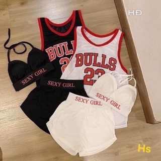 Set 3 món bulls 23 áo tanktop lưới 3 lỗ xuyên thấu+ bara độn ngực + quần đùi
