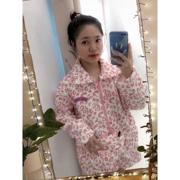 Áo khoác lông cừu kèm Túi, Mũ siêu ấm da beo hồng- Ảnh thật shop chụp