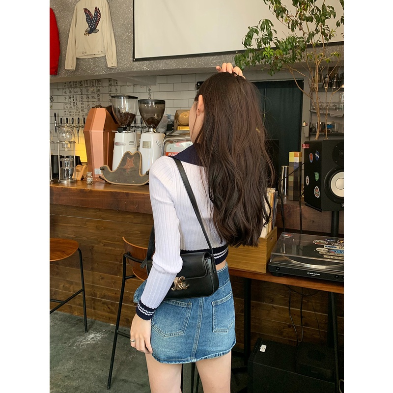 Áo croptop ZHELIHANGFEI dệt kim cổ chữ V tay dài thiết kế quyến rũ thời trang