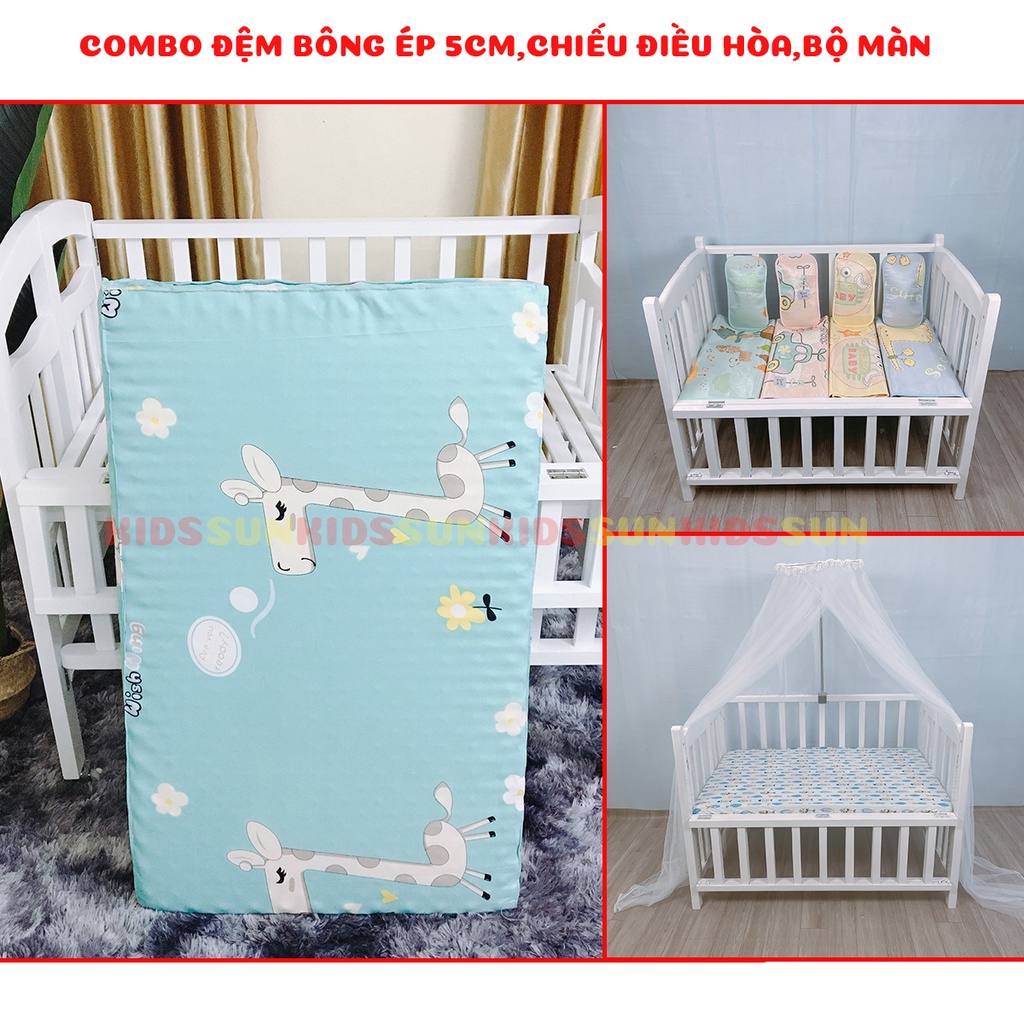 Bộ Sản Phẩm Đệm Bông Ép Dày 5cm,Chiếu Điều Hòa,Bộ Màn Mùng Cho Giường Cũi Trẻ Em KIDSSUN