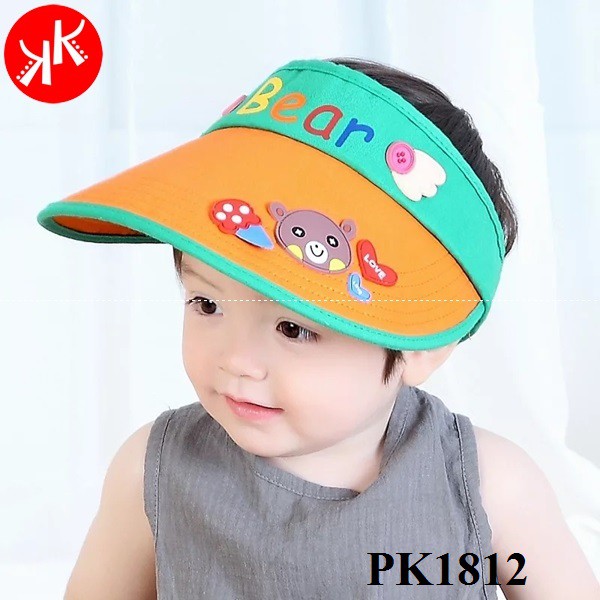 Shop Online Mũ đi biển rộng vành dán sau gáy hở trên đầu màu xanh cho bé