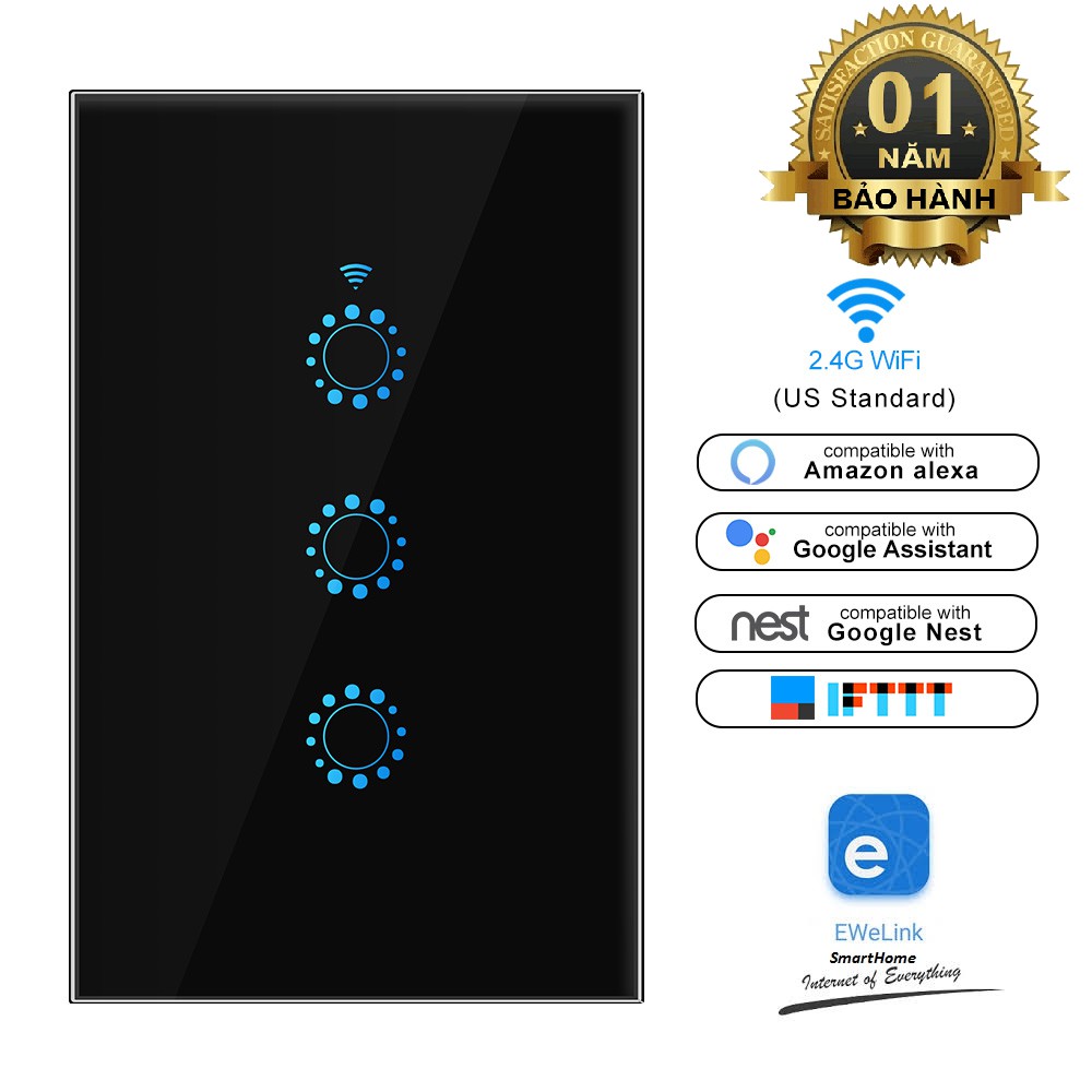Công tắc cảm ứng wifi Ewelink-KingArt 3 nút Đen
