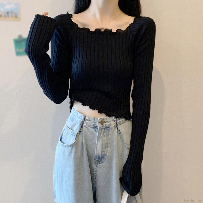 Áo dệt kim tay dài màu trơn dáng ôm thời trang mùa thu phong cách Hàn Quốc cho nữ