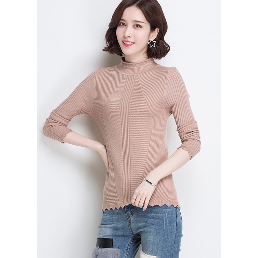 Áo len nữ cổ tròn trơn ôm kiểu dáng trẻ trung phong cách Hàn Quốc