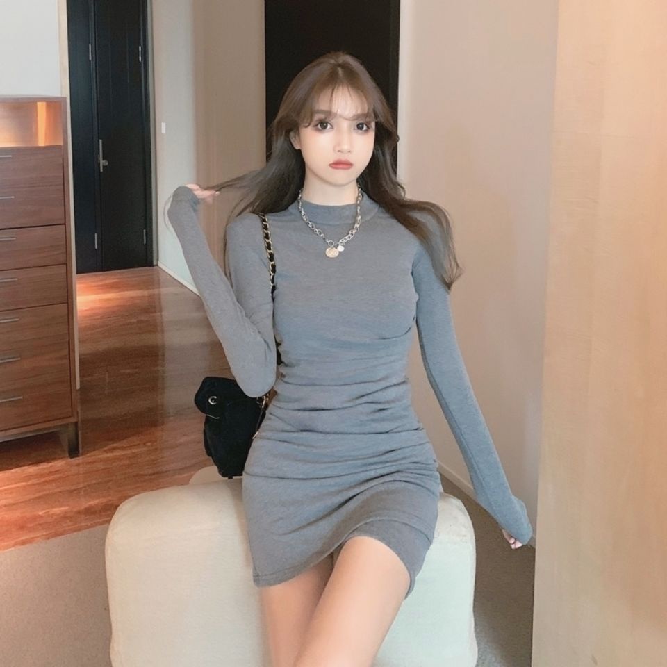 COZOK Đầm Tay Dài Dáng Ôm Xếp Ly Quyến Rũ Thời Trang Cho Nữ