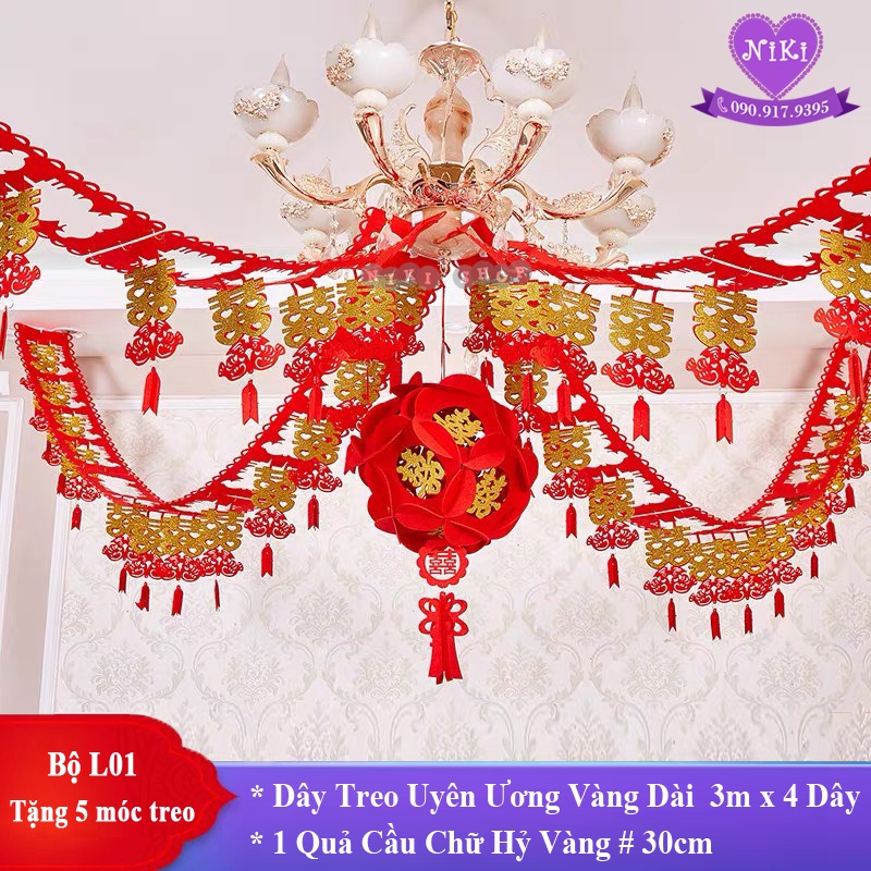 *BỘ 4 DÂY &amp; QUẢ CẦU TREO TRẦN NHÀ TRANG TRÍ ĐÁM CƯỚI -- TẶNG 5 MÓC TREO