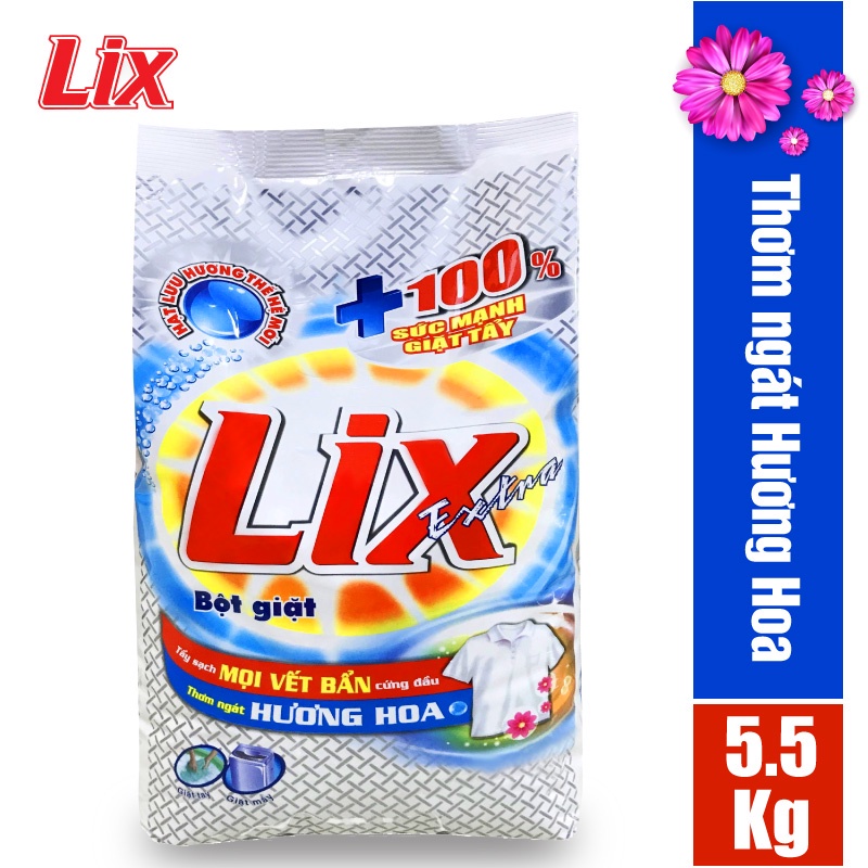 Bột giặt Lix Extra hương hoa 5.5Kg EB568 làm trắng quần áo tăng gấp đôi sức mạnh lưu hương lâu cho giặt tay và máy