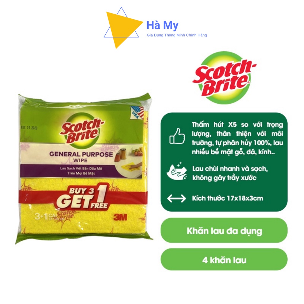 Khăn Lau Đa Năng Gói 4 Scotch Brite 3M 34x35cm Siêu Thấm,Lau Bếp,Bàn Ghế,Lau Kính Không Gây Trầy Xước,Không Để Lại Bụi