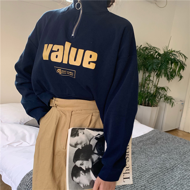 Áo Sweater Mỏng Chui Đầu Dáng Rộng Phối Khóa Kéo Thời Trang Mùa Thu Cho Nữ