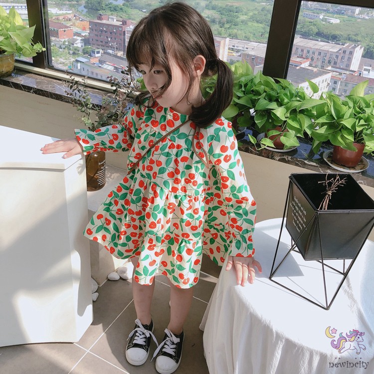 Đầm cotton dài tay in họa tiết quả anh đào đáng yêu dành cho bé gái