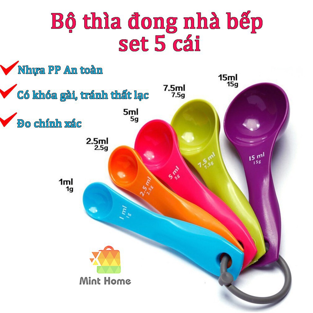 Bộ thìa đong, muỗng đong nhà bếp 5 món (set 5 cái), thìa đo lường, định lượng bột, sữa, thuốc, gia vị bằng nhựa an toàn