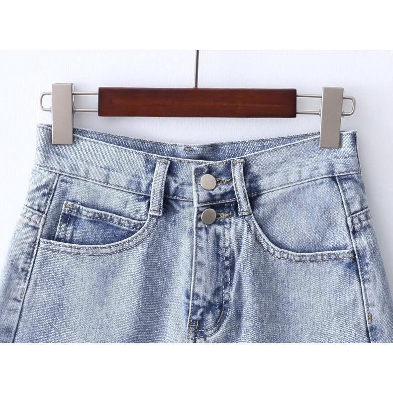 Quần short nữ denim rách ống rộng cạp cao chữ A màu xanh lam vintage Phong cách hàn quốc