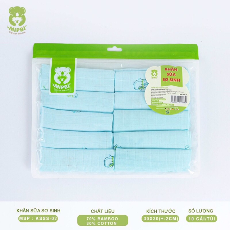 Khăn sữa sơ sinh mipbi 70% sợi tre 30% cotton 2 lớp (sét10)