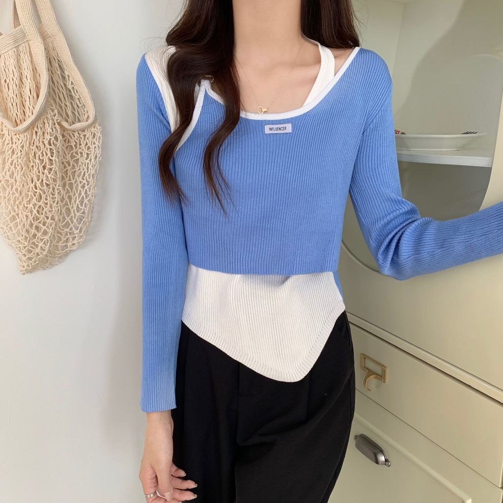 Áo Thun Dài Tay Giả Hai Lớp Phong Cách Hàn Quốc Thời Trang Mùa Thu Mới Cho Nữ