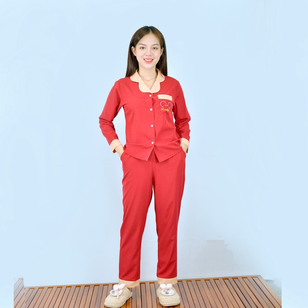 Bộ đồ bộ Pijama màu ĐỎ PHA SỮA tay dài quần dài lụa cao cấp - Thoải Mái Nhẹ Nhàng