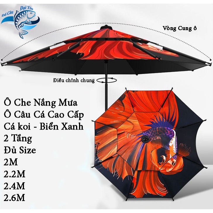 Ô Câu Cá Ô Dù Che Nắng Mưa 2 Tầng Cá KOI - Biển Xanh Dòng Cao Cấp Sang Trọng Có Size 2M và 2.6M - Đồ Câu Đại Tín