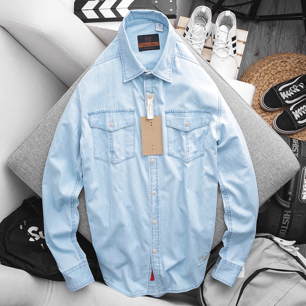 Áo sơ mi denim nam màu rêu chất dày đẹp fom rộng phong cách phố thời trang 2022 của hãng thời trang nam Muslan