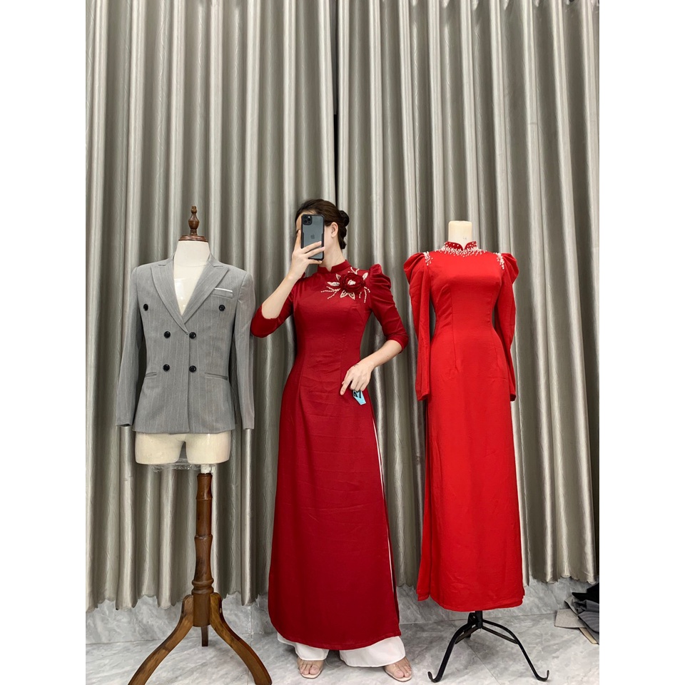 Áo dài tây thi hoa nổi cao cấp_tông màu đỏ sang chảnh