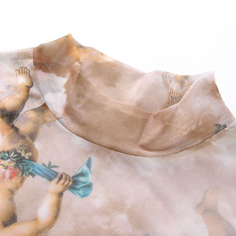 Áo Croptop Cổ Giả Tay Dài In Họa Tiết Thiên Thần Tình Yêu Màu Sắc Lãng Mạn Thời Trang Mùa Hè Cho