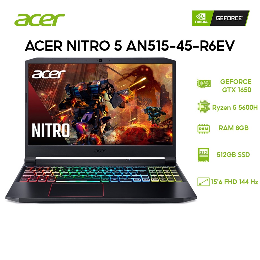 [ELGAME20 giảm 10%] Laptop Acer Nitro 5 AN515-45-R6EV R5-5600H | 8GB | 512GB | GTX 1650 4GB | 156' FHD 144Hz | Win 11