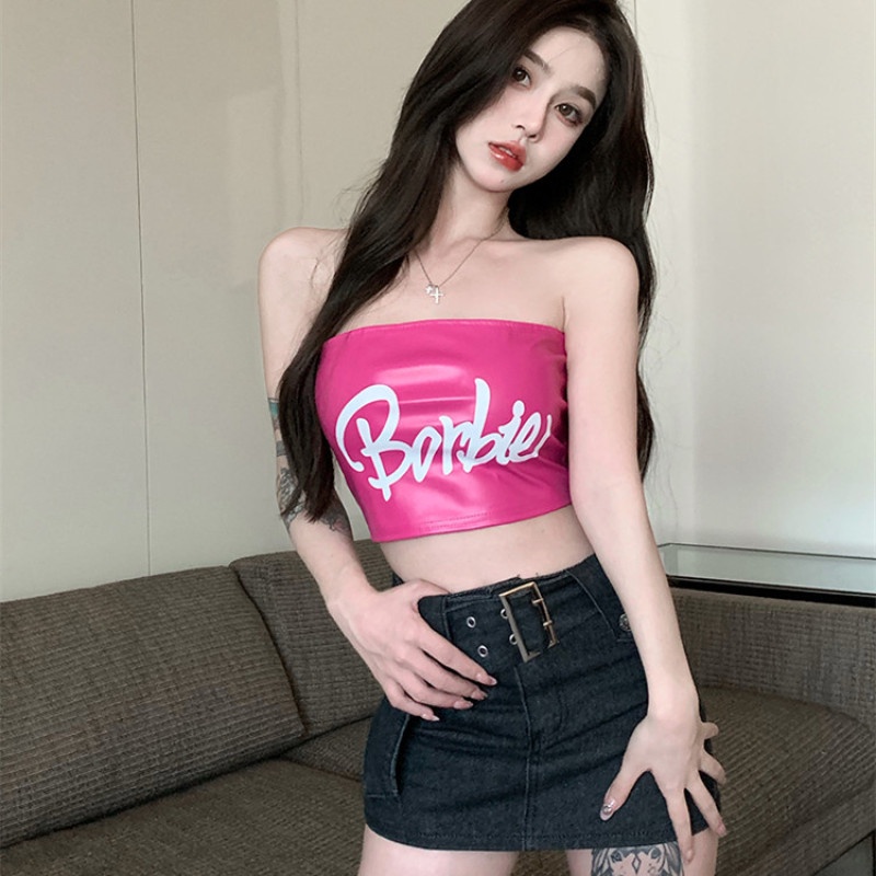 Áo Ống Chất Liệu Da pu In Chữ Cá Tính Thời Trang Cho Nữ