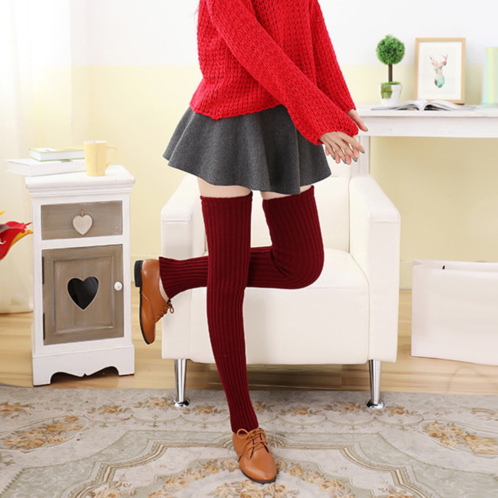 Tất dệt kim co giãn màu trơn giữ ấm phong cách mùa đông thời trang cho nữ